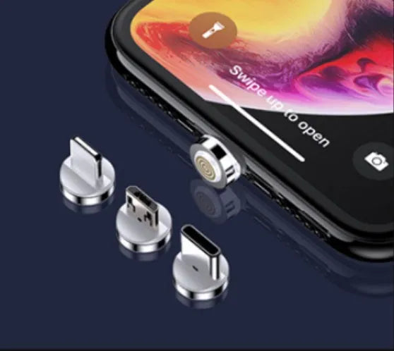 3A fast charge magnetic data cable with side light, showing Type-C connector and 3-in-1 heads for Apple and Android devices
