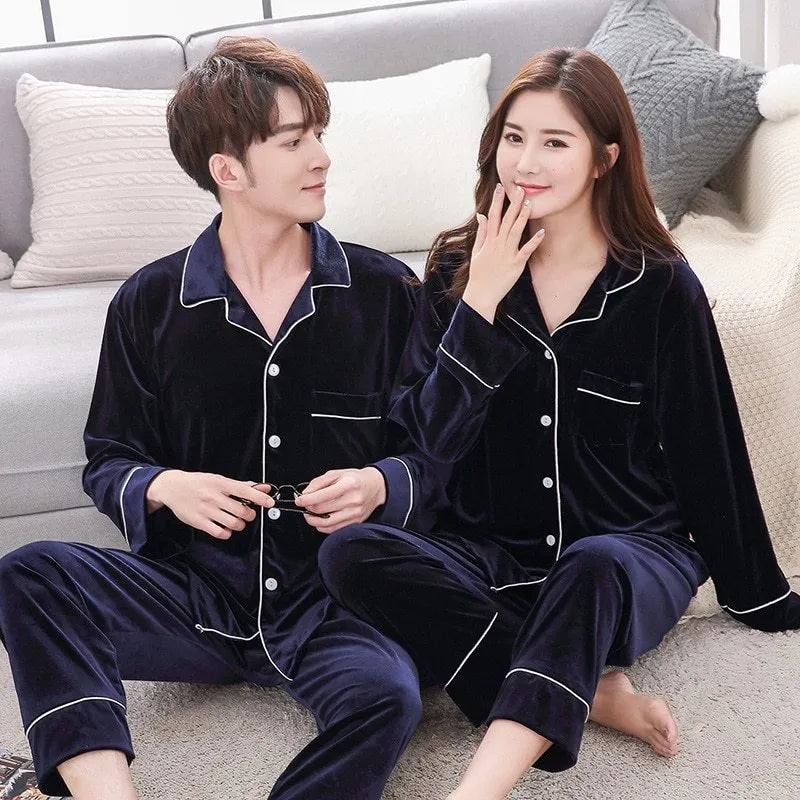 Couple winter velvet long sleeve pyjama set in Dark red, Grey, and Navy blue with size chart in cm for men and women.