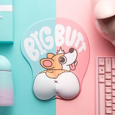 3D corgi design computer mouse pad with integrated soft wrist support cushion on desk.