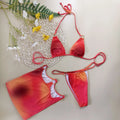 Tie-dye three-piece halter bikini swimwear set with quick-dry polyester fabric on mannequin