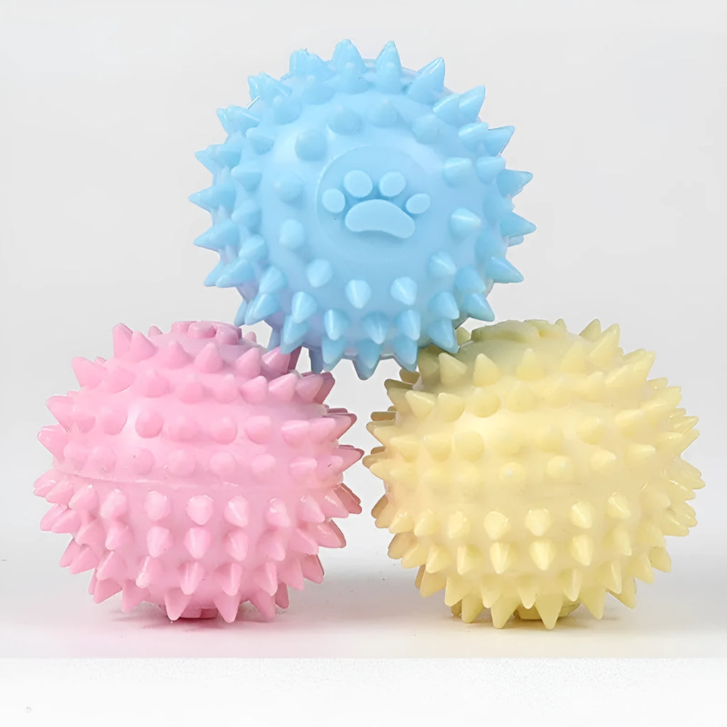Blue TPR footprint-shaped dog chew toy for tooth cleaning, 6cm in diameter.