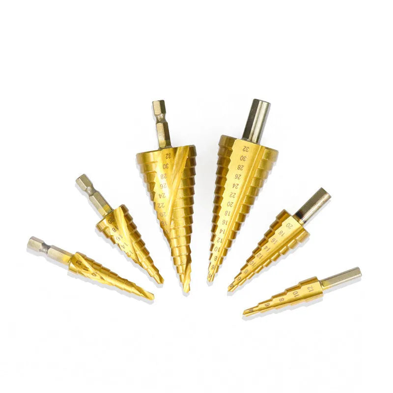 High-speed steel cone drill bit punch set showing step drills and centre punch for metal and wood drilling