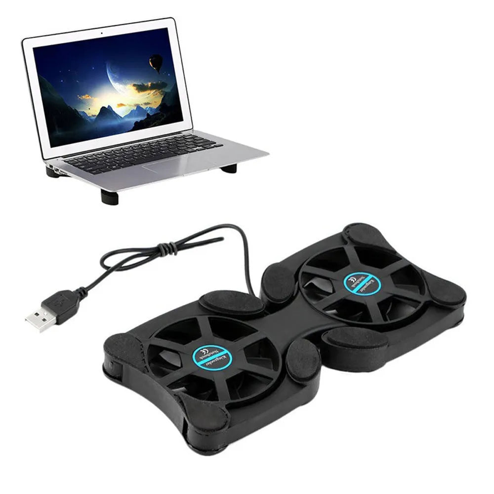 Black folding laptop cooling pad with two 70mm fans, USB powered, 32 x 14.5 x 2cm open