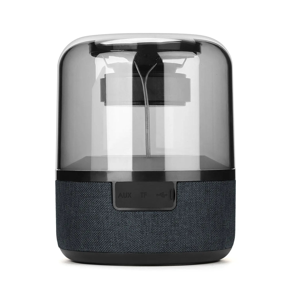 Black wireless Bluetooth speaker with 360-degree sound, compact design, and mechanical keys for control