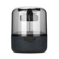 Black wireless Bluetooth speaker with 360-degree sound, compact design, and mechanical keys for control