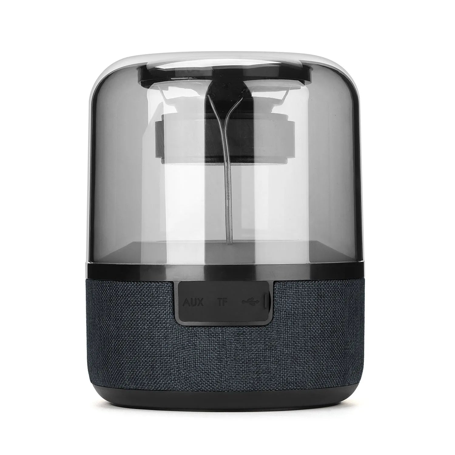 Black wireless Bluetooth speaker with 360-degree sound, compact design, and mechanical keys for control