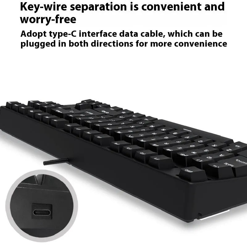 87-key wired mechanical keyboard with two-tone keycaps and metal frame, showing compact design and included tools