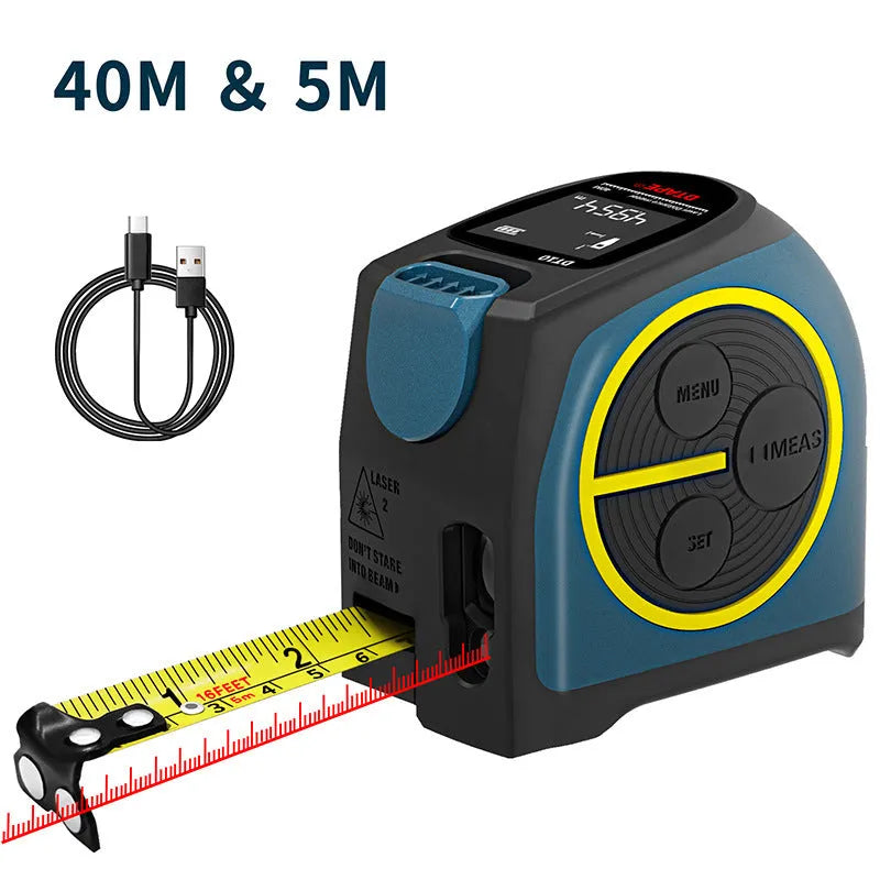 Black infrared laser rangefinder with digital display and 5M nylon coated tape measure, rechargeable DT10 model