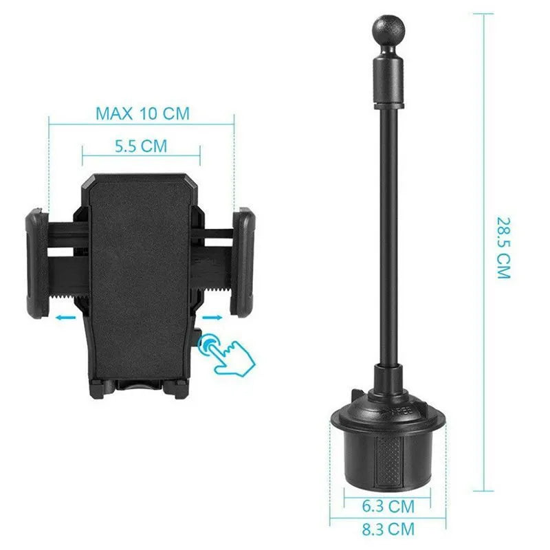 Black car phone mount bracket with adjustable side handles, suction cup, and vent clip