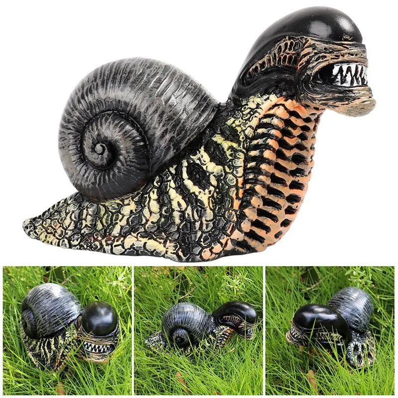 Minimalist white resin snail sculpture on a wooden surface for home or garden decor.