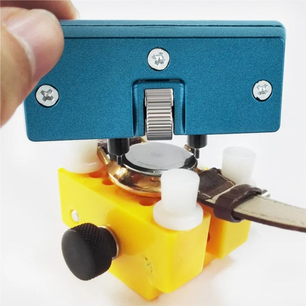 Yellow plastic watch case opener tool and fixing base set for DIY battery replacement