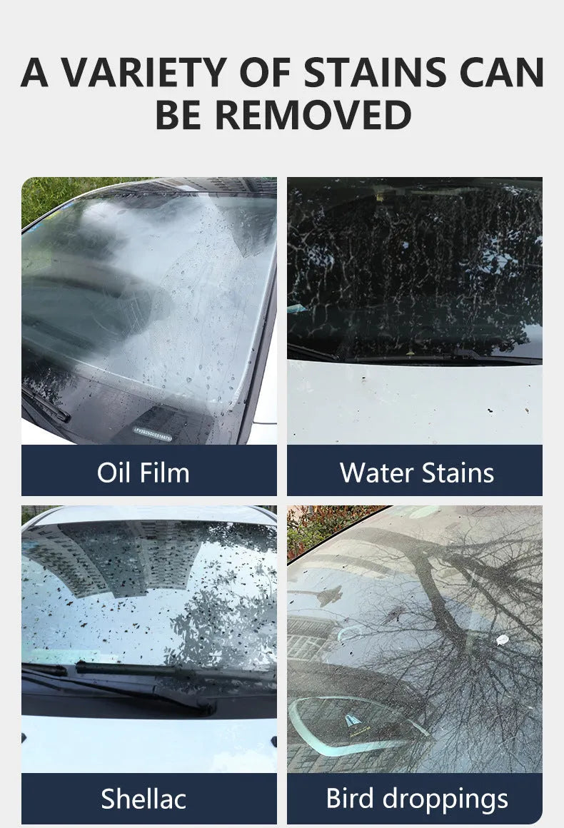 Glass oil film remover cleaning cream paste and cloth in 50ml, 100ml, and 200ml sizes.