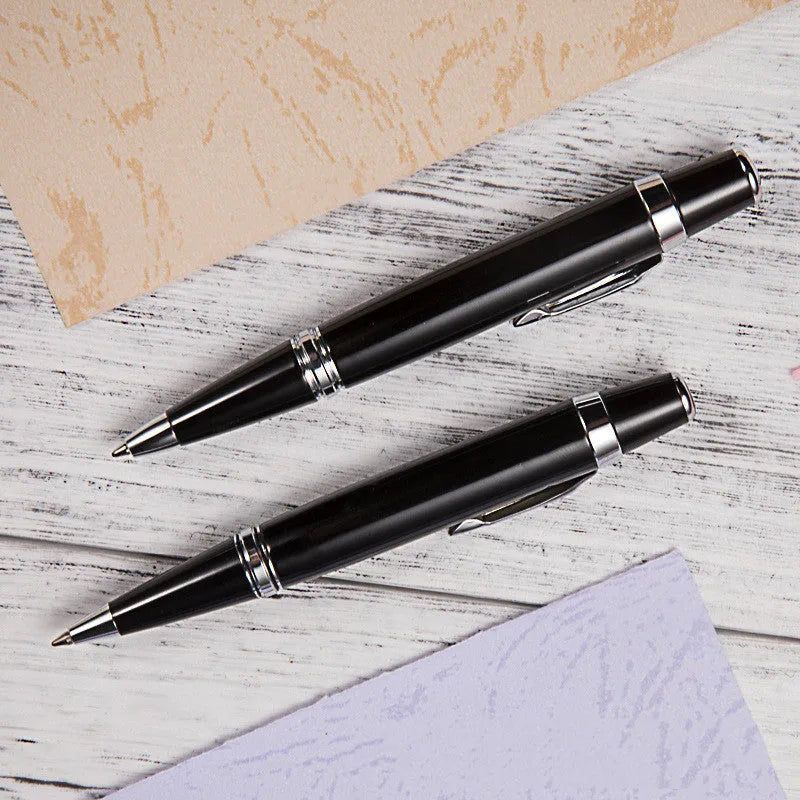 Short metal rotating ballpoint pen with black ink, measuring 112mm length