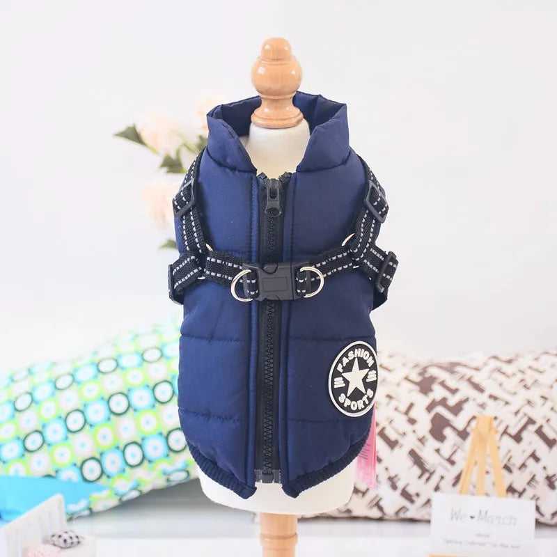 Waterproof dog coat with harness hole in rain silk fabric, available in multiple sizes and colours