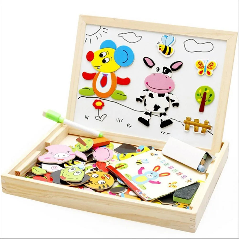 Wooden magnetic puzzle toy set with drawing board featuring animal circus and traffic designs
