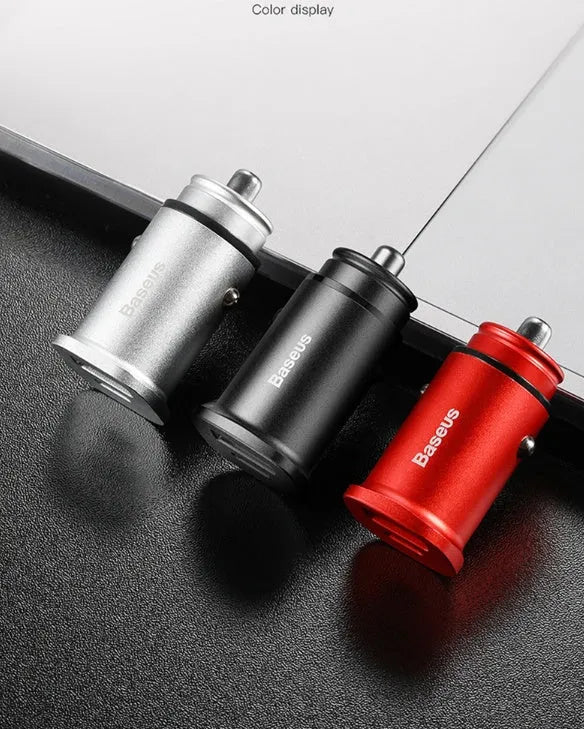 USB car charger with aluminium housing in black showing 4.8A output and PPS/QC logos