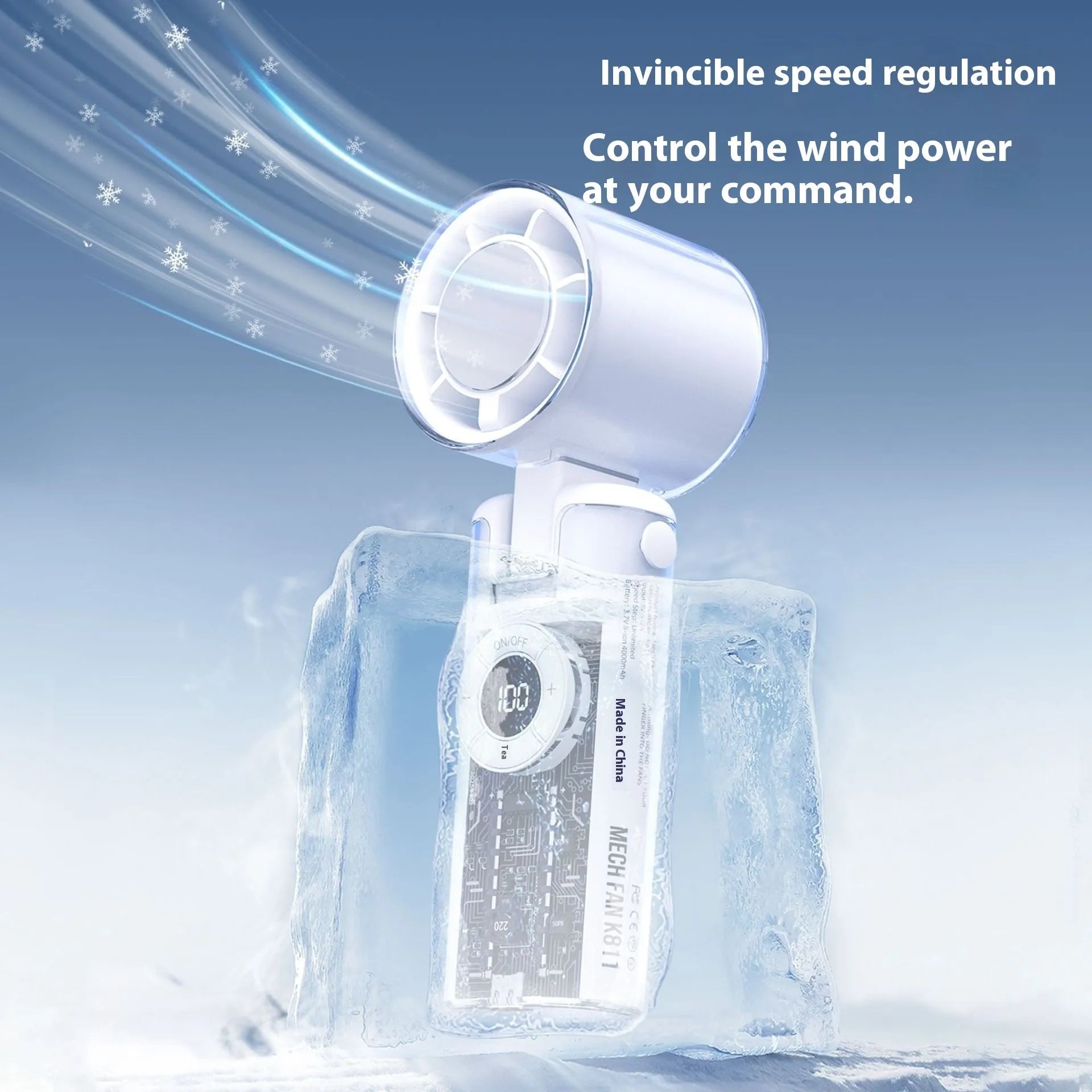 Black handheld personal cooling fan with LED light and neck lanyard strap on white background.
