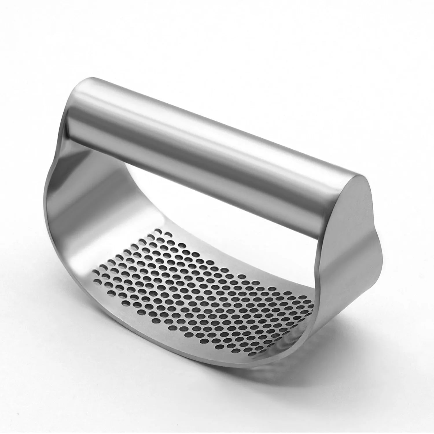Stainless steel kitchen tool set including an onion fork and a garlic press on a kitchen counter.
