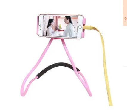 Neck Phone Holder with 360-degree rotating clamp in multiple colours, showing phone mounted for hands-free viewing