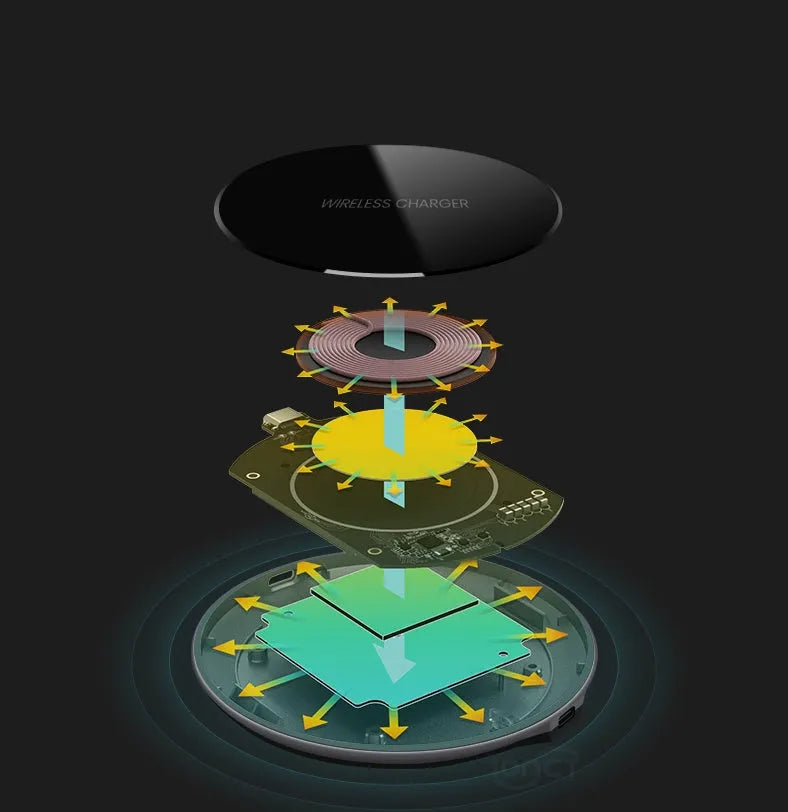 Black 15W QI wireless charger with foreign object detection for charging through phone cases
