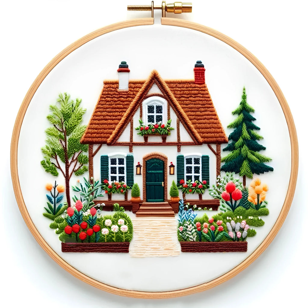 Garden Cottage embroidery fabric kit showing 28x28cm cotton linen cloth with landscape pattern