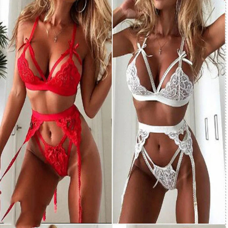 Red and white lace doll-style lingerie set for women, shown on a hanger.