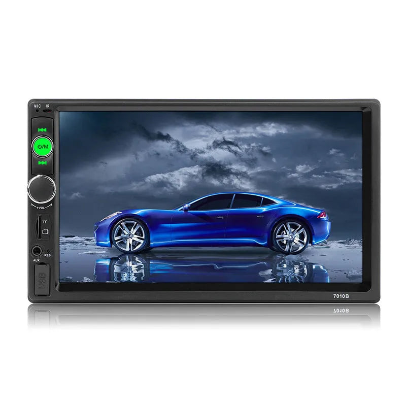 Black 7-inch car MP5 player with screen, USB and SD card slots, and remote control.