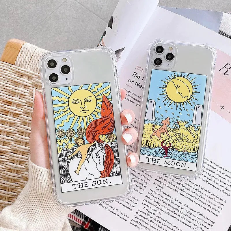 Creative Mythology Comic iPhone case showing retro cartoon sun and moon graffiti art on a silicone back cover.