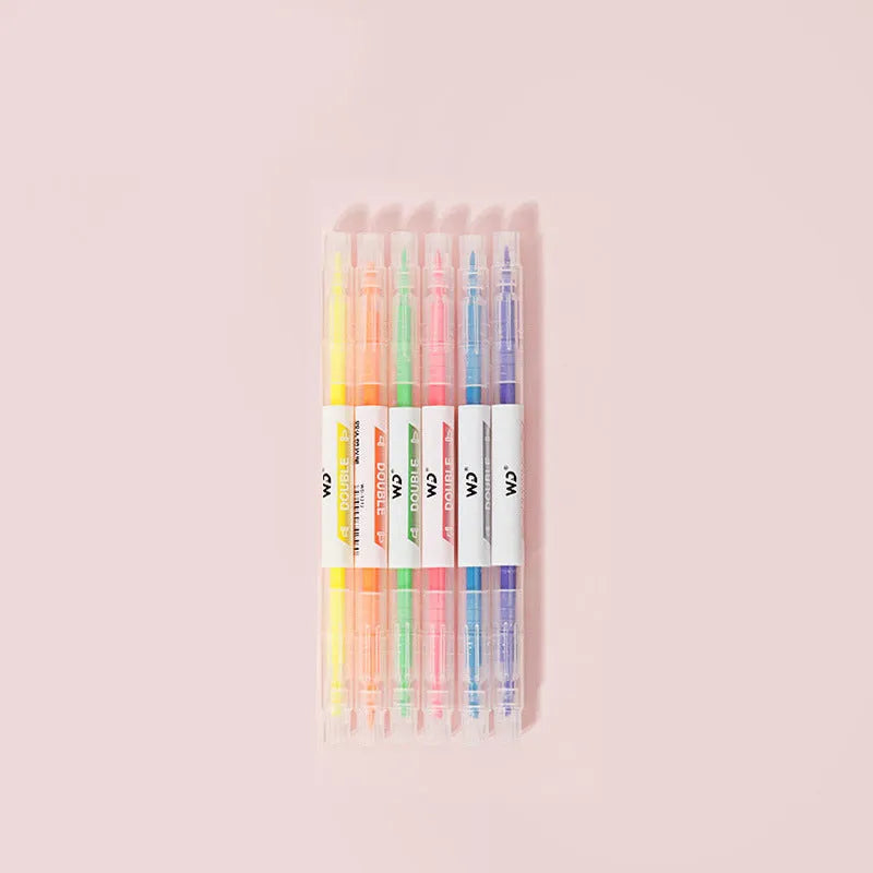 Set of 6 double-headed marker pens showing round and oblique tips in orange, purple, yellow, green, blue, and pink colours