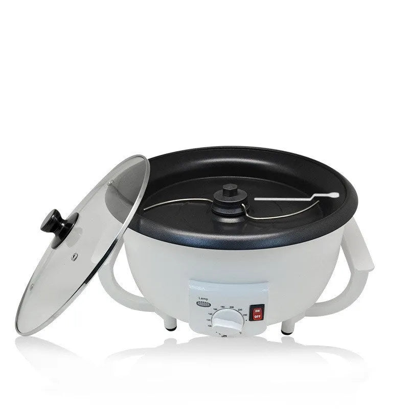 White oblate coffee roasting machine with 750g capacity and 225mm pot for home use