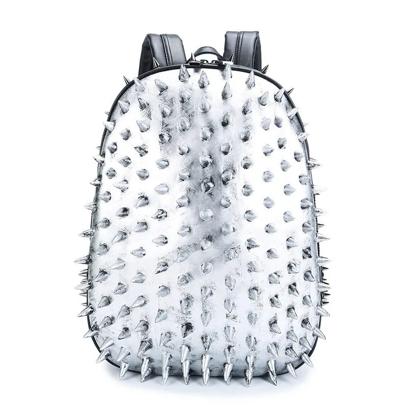 Black oval women's punk style backpack made of PU leather with hollow out details and air cushion straps.