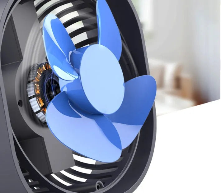 USB desk fan with alarm clock, 360-degree rotation, in pink, green, white, or deep blue, measuring 135x135x59mm