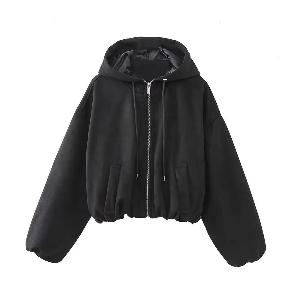 Women's black suede hooded jacket casual outerwear shown front view