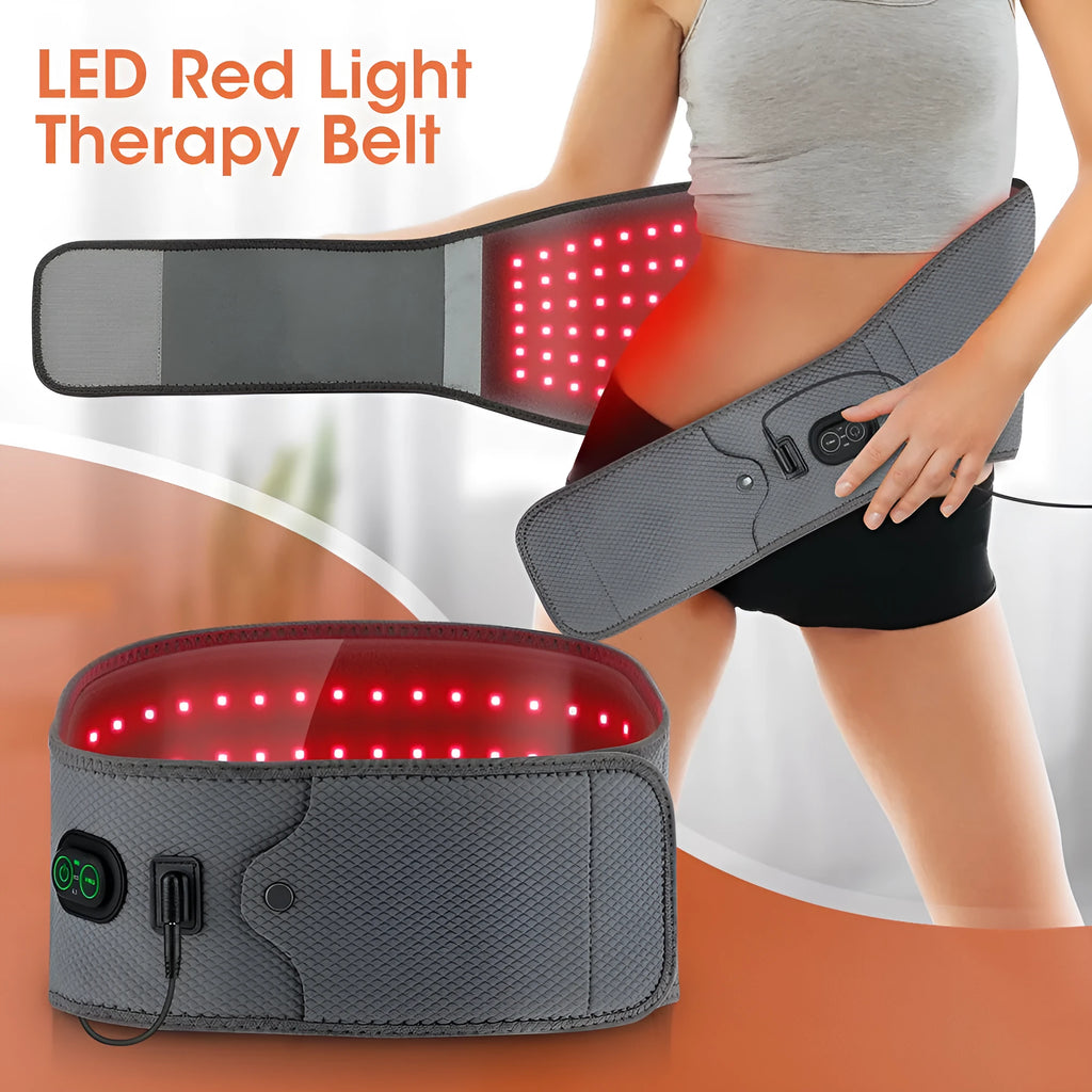 Grey neoprene electric waist belt with red light therapy beads for back pain relief