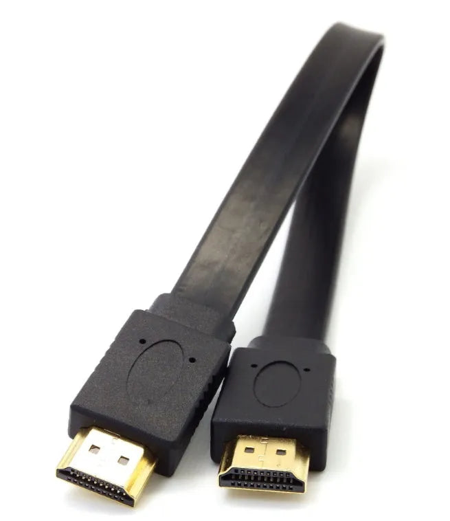 Flat HDMI cable showing length options from 0.3m to 10m with 1080p resolution support