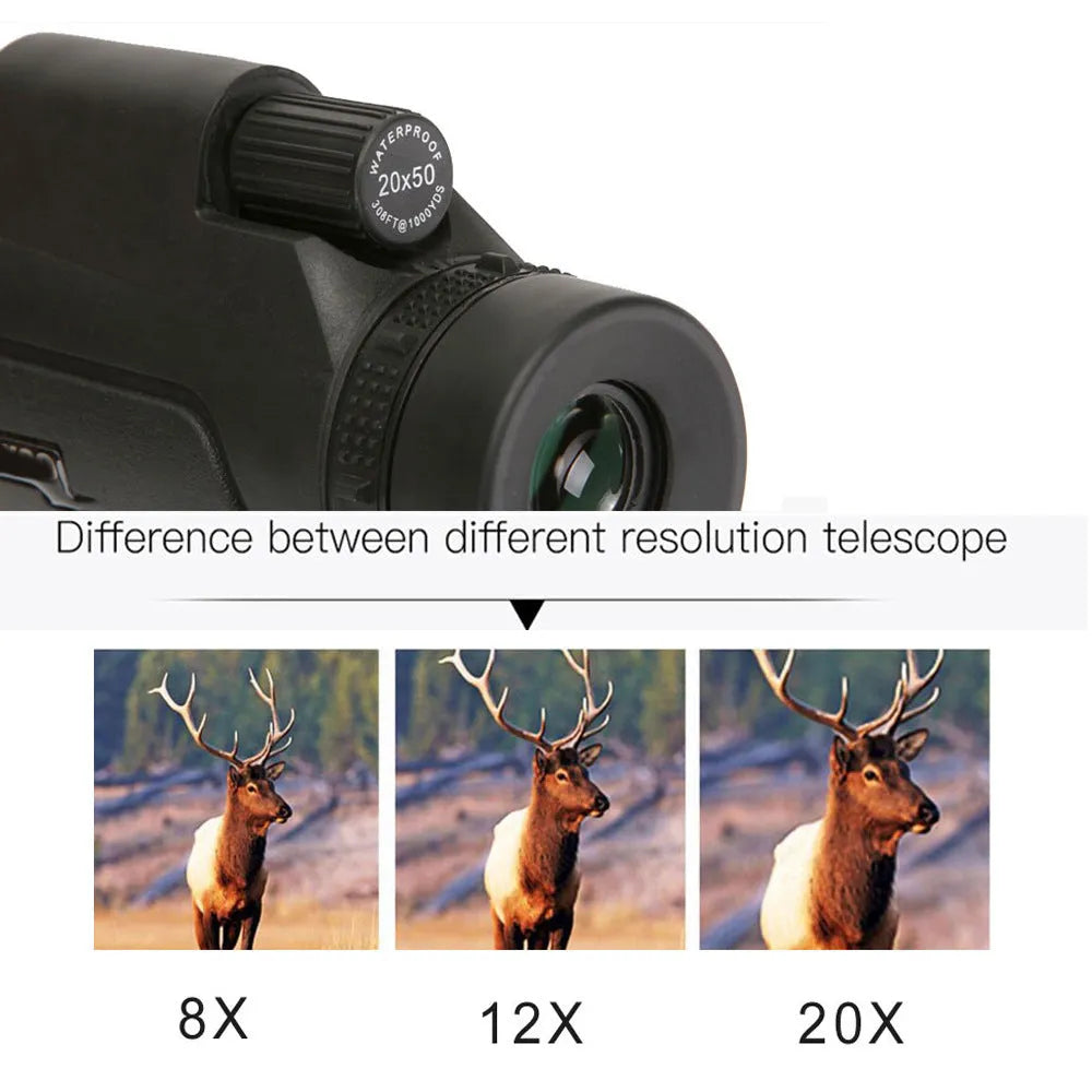 Black 20x50 monocular telescope with 12x magnification for outdoor observation.