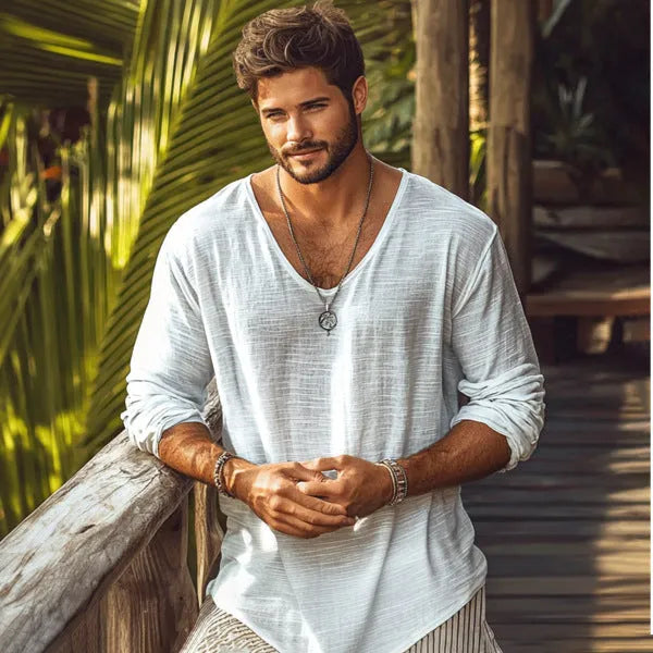 V-neck long-sleeved t-shirt in beige, slim-fit design, made from hemp blend fabric, sizes S to XXXL