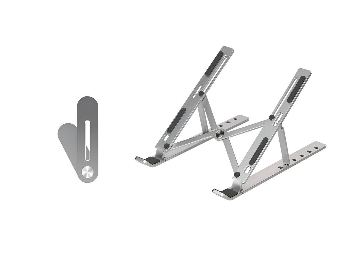 Silver folding computer stand in aluminium alloy with silicone points for laptops under 16 inches