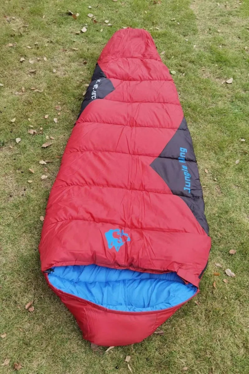 Mummy-style camping sleeping bag in Army Green colour, compressed in storage bag beside expanded view showing tapered design