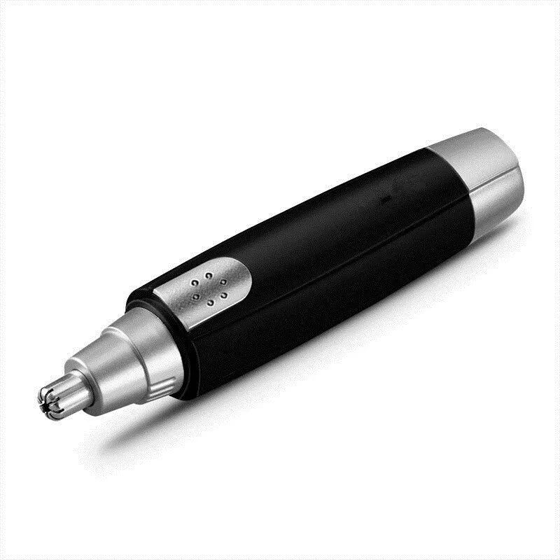Electric nose hair trimmer with 360-degree rotating stainless steel blade, waterproof plastic body, black or silver
