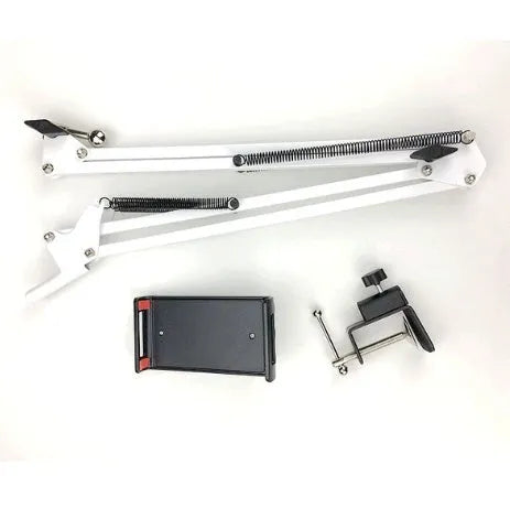 Black adjustable phone and tablet stand on a desk, measuring 10cm in height.