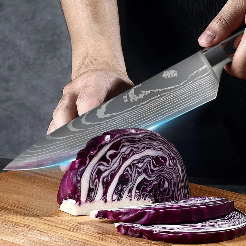 Professional kitchen knife with laser Damascus pattern on 7CR17 stainless steel blade, colour steel handle