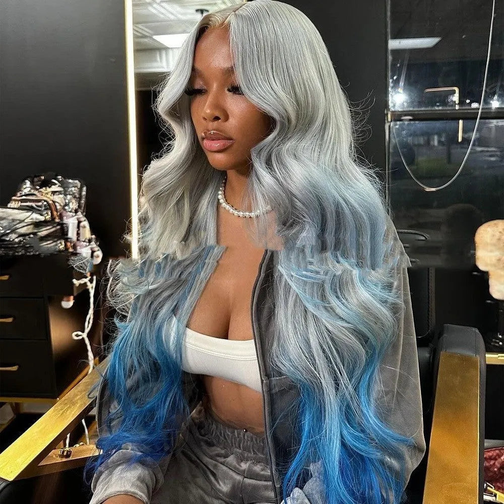 Grey-blue gradient human hair wig with 4x4 lace front showing natural hairline and length options