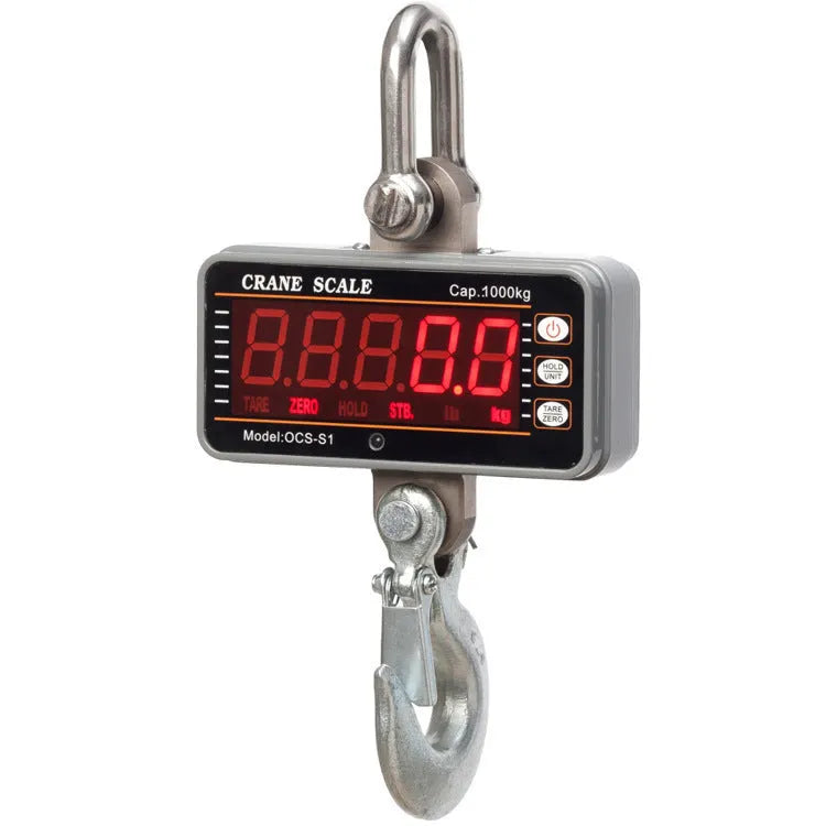 Orange electronic crane scale with digital display showing weight measurement for logistics applications