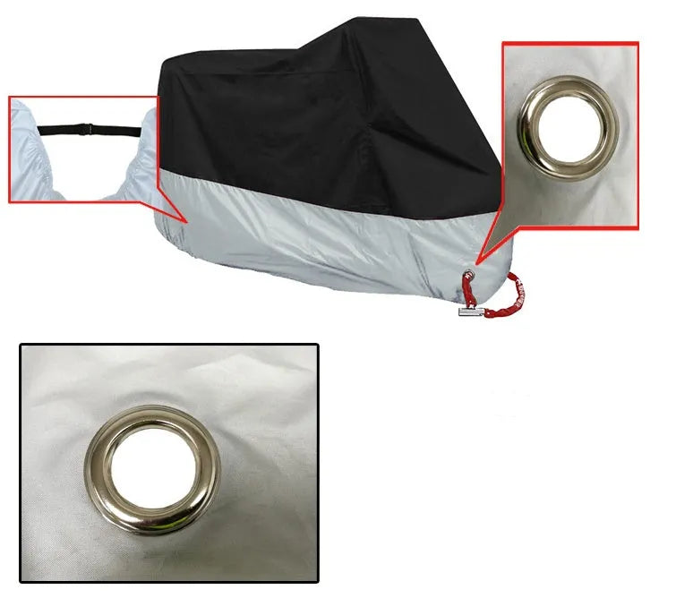 Waterproof motorcycle cover in 190T silver coated polyester, UV 50+, available in eight colours and sizes S to 4XL