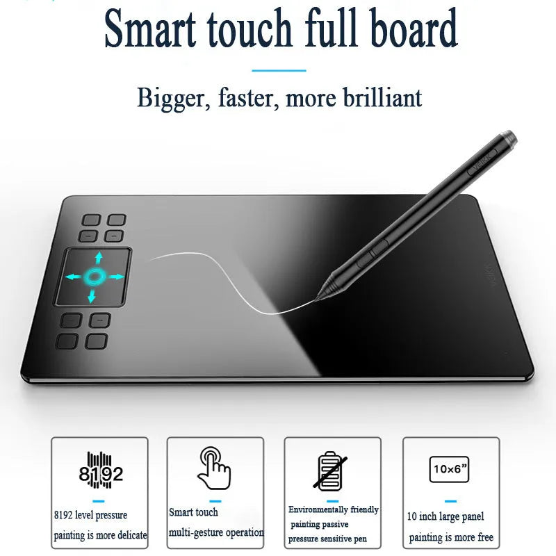 10 x 6 inch digital drawing tablet with passive pen, pen stand, and USB cable for Windows and Mac