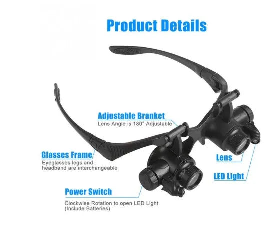 Black hands-free magnifier glasses with LED lights and four pairs of interchangeable magnification lenses on a workbench.