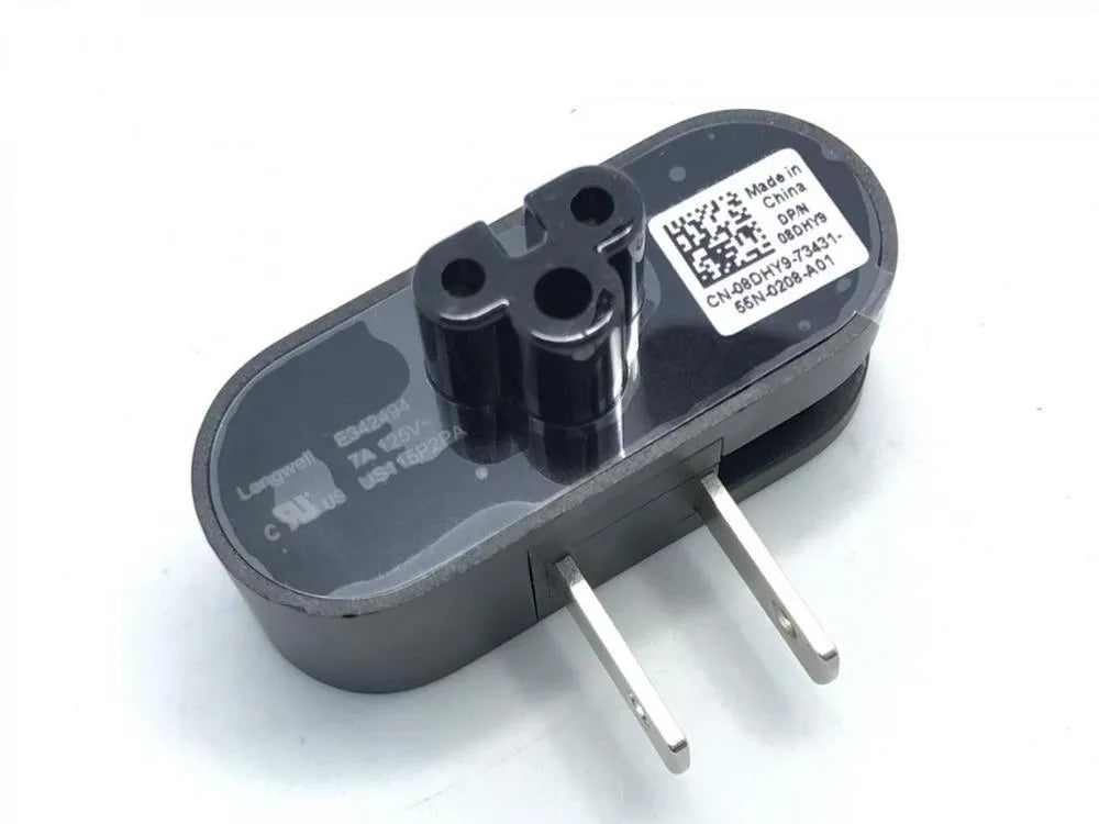 Black notebook power head folding plug with two forks shown in straight and 90-degree positions