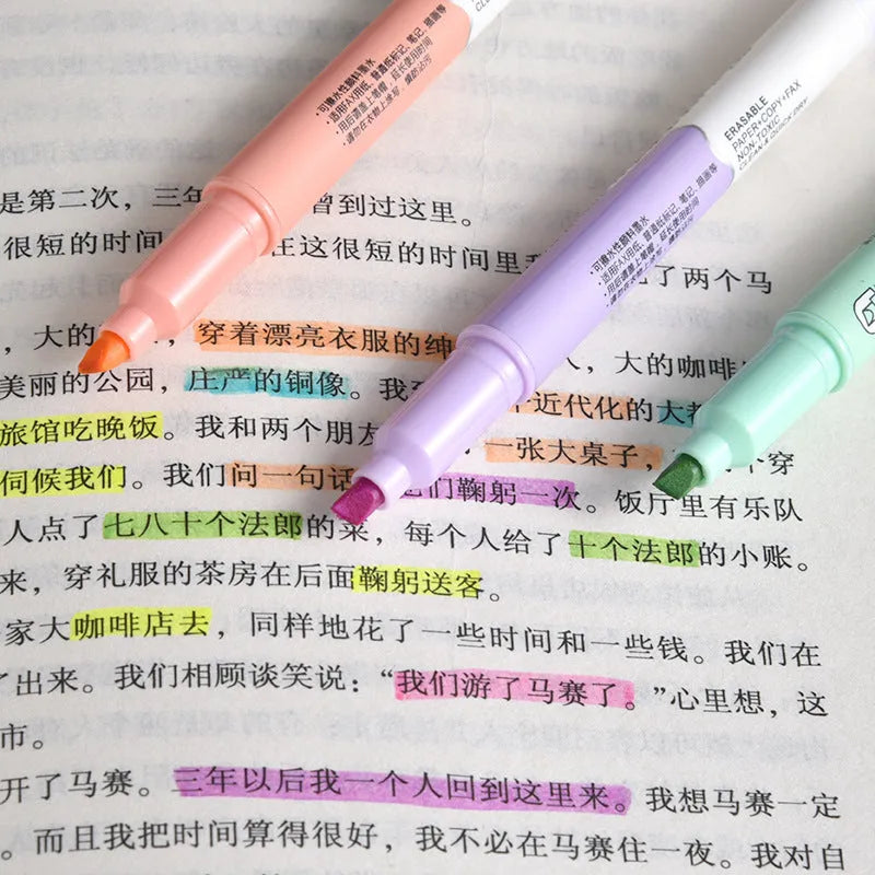 Double-headed fluorescent marker pen set with six colours in plastic shells
