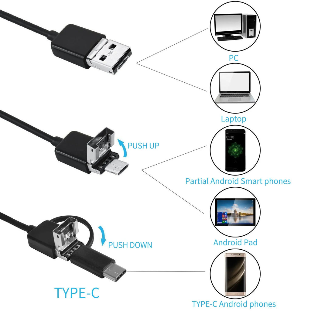 Three-in-one USB endoscope with 5.5mm probe, 640 x 480 resolution, Micro USB and Type-C, black, cable length optional.